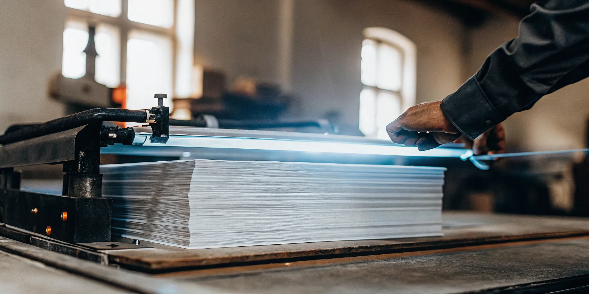 Fast business card turnaround with a printing machine cutting a stack of cards.